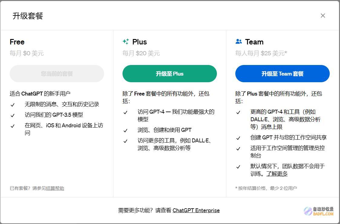 ChatGPT免费版、ChatGPTPlus、ChatGPTTeam团队版和ChatGPT企业版的区别-教程-AI论坛